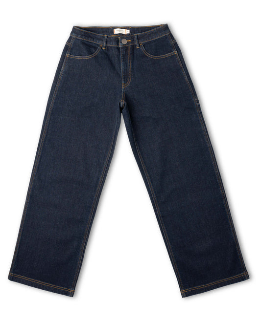 Pair of dark blue jeans on a white background
