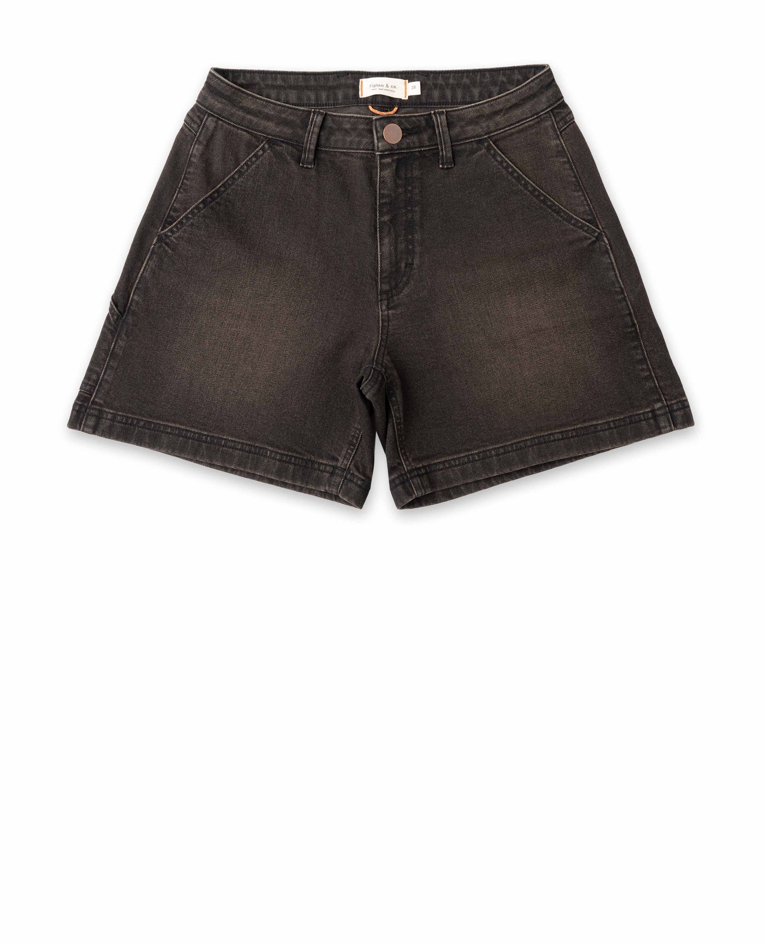 Front of dark brown shorts with pockets on white background