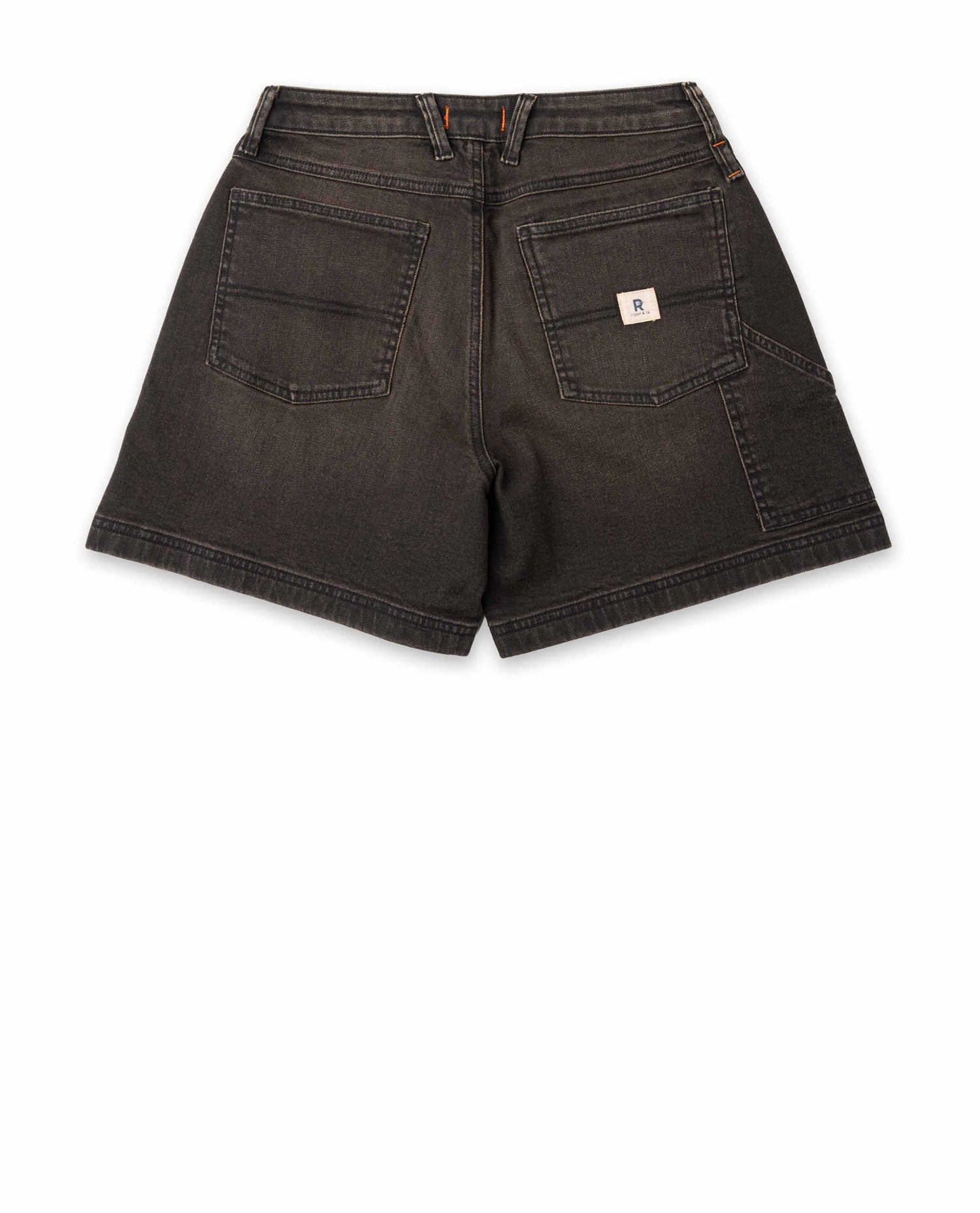 Back of dark brown shorts with pockets on white background