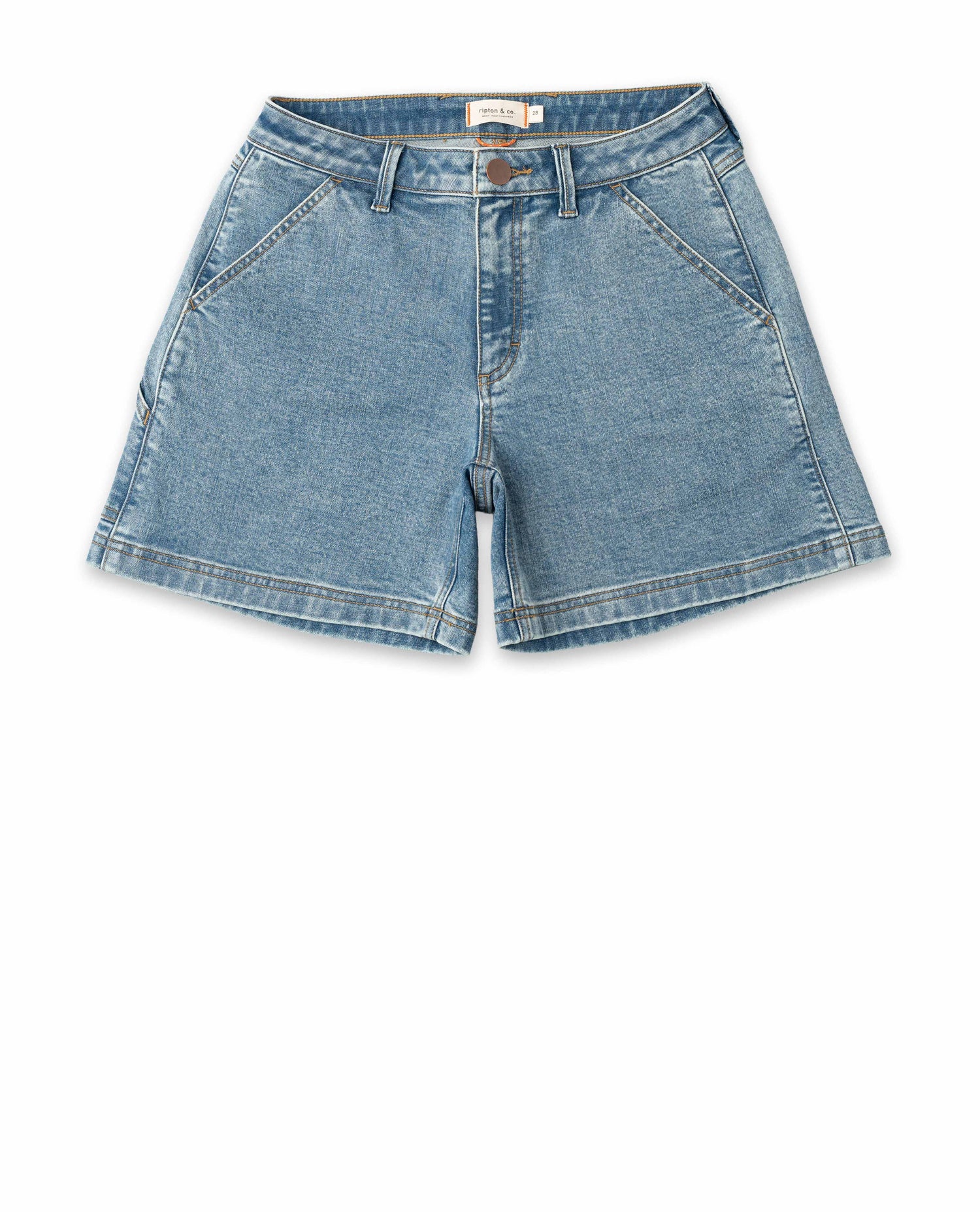 Front of blue shorts with pockets on white background