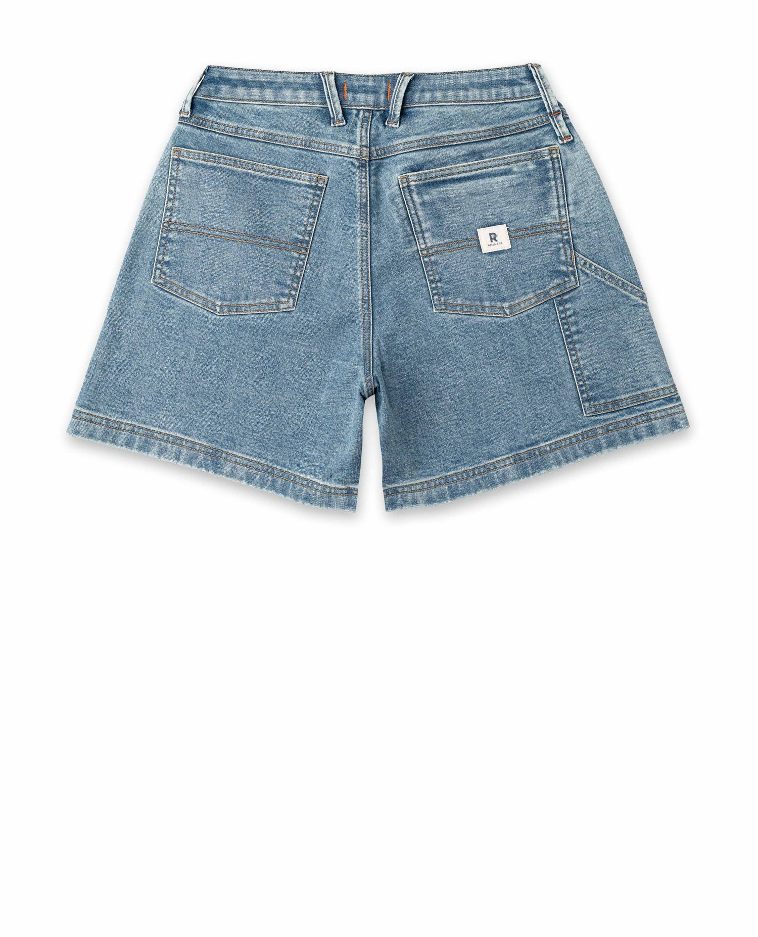 Back of blue shorts with pockets on white background