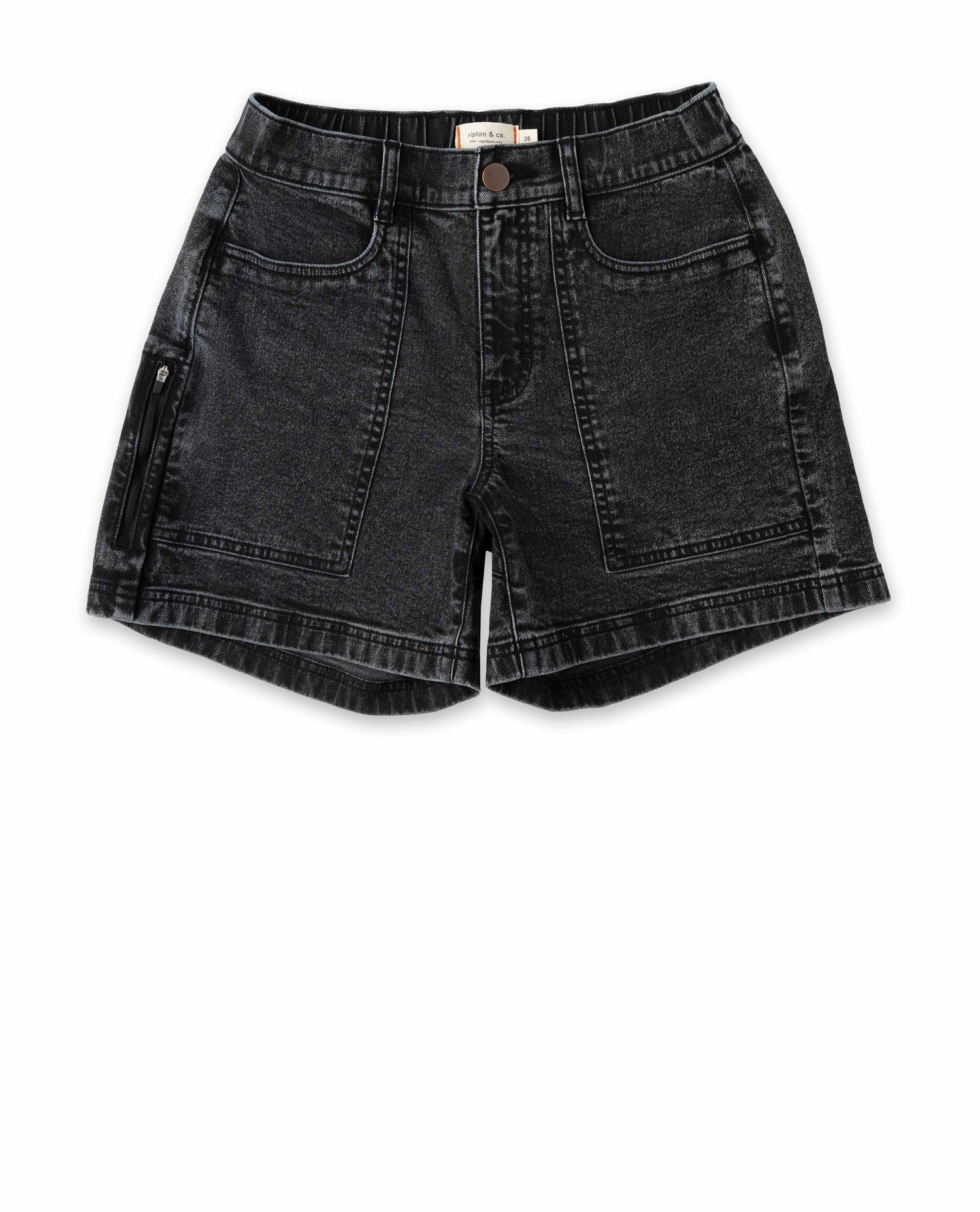 Black denim shorts on a white background