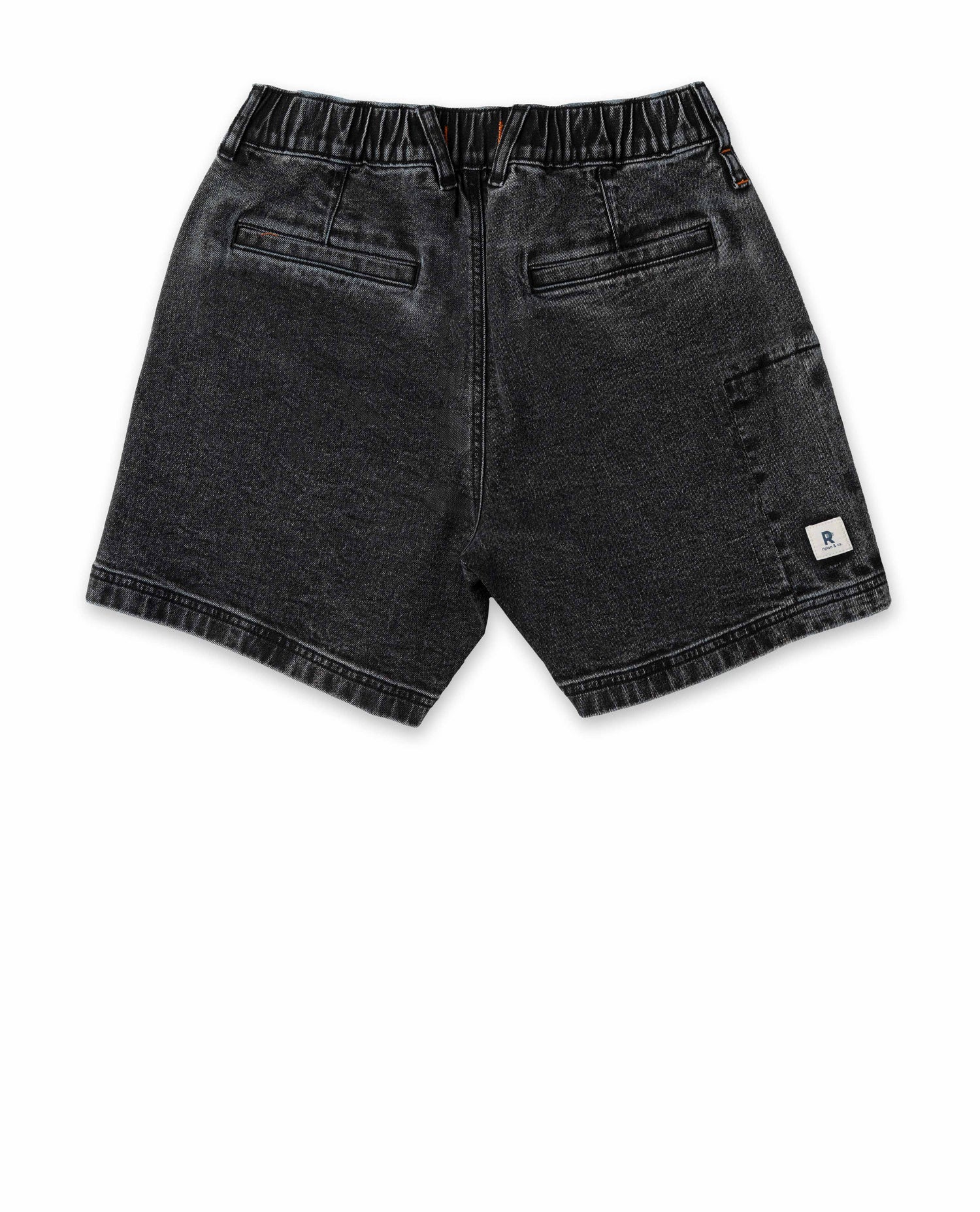 Black denim shorts on a white background