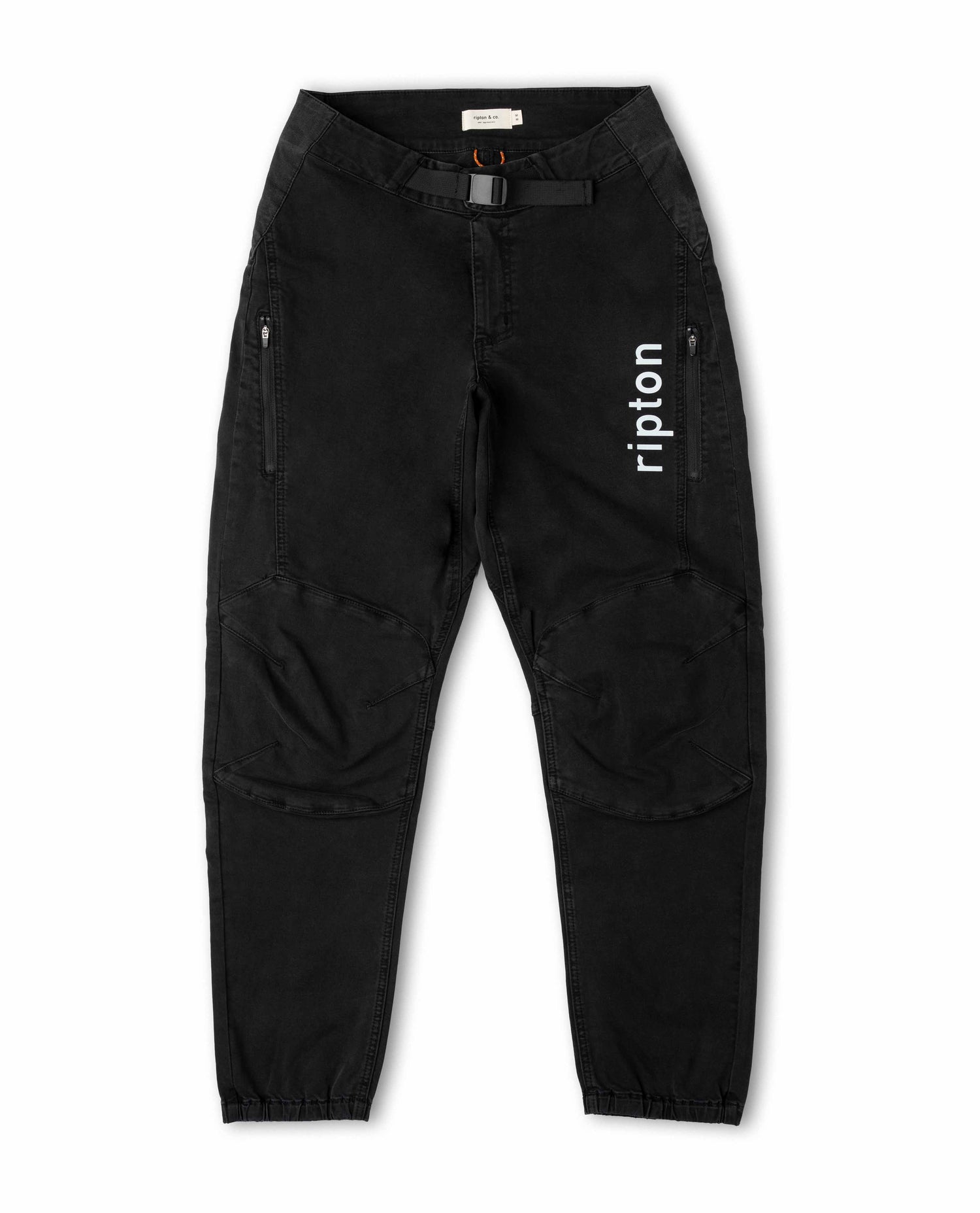 Black pants with 'ripton' branding on a white background