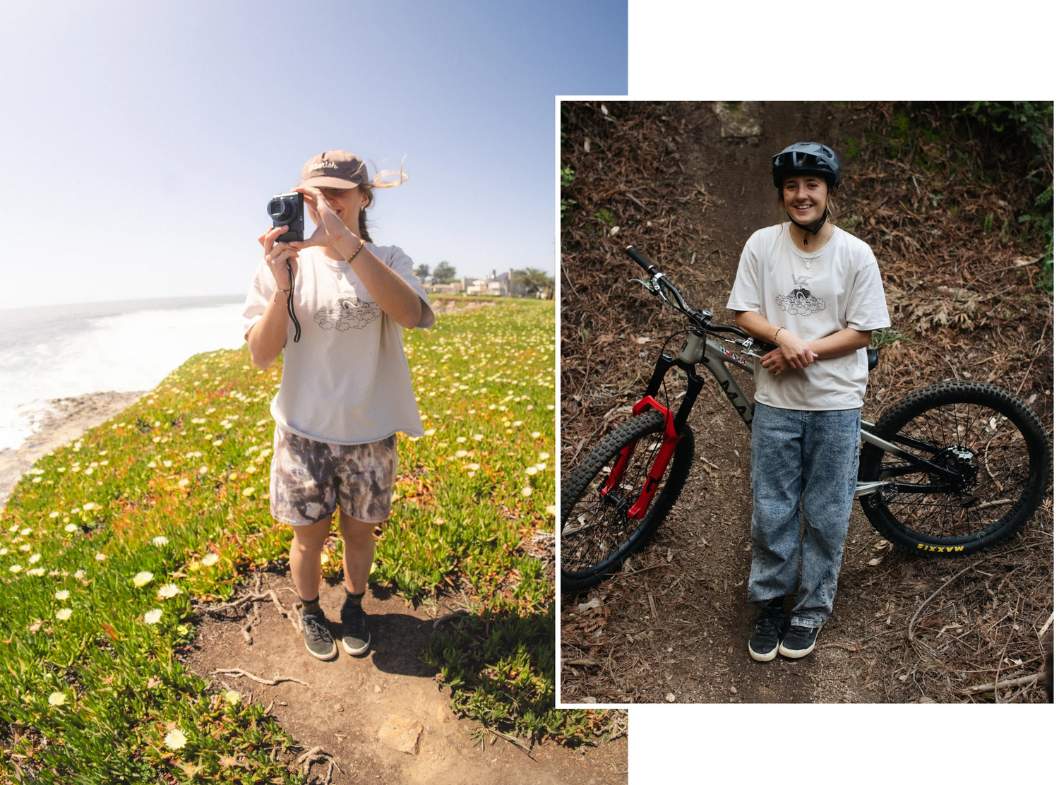 Two images of a person with a bicycle; one by a beach, the other on a dirt path.