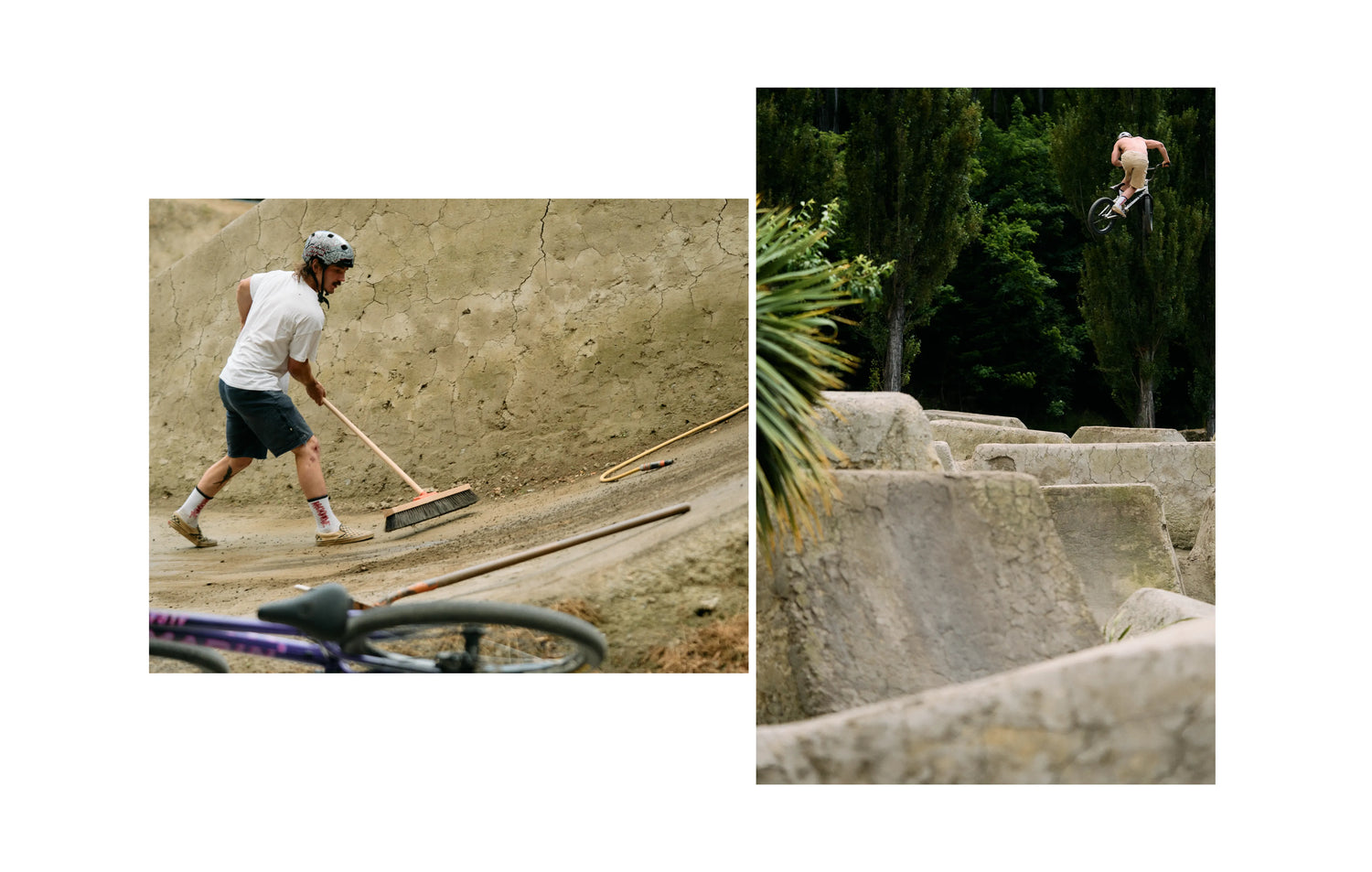 Person cleaning a dirt track with a broom, followed by a view of the cleaned track.