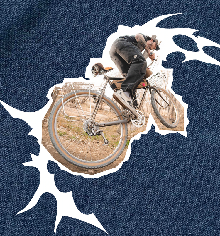 Bike graphic on a denim background. 