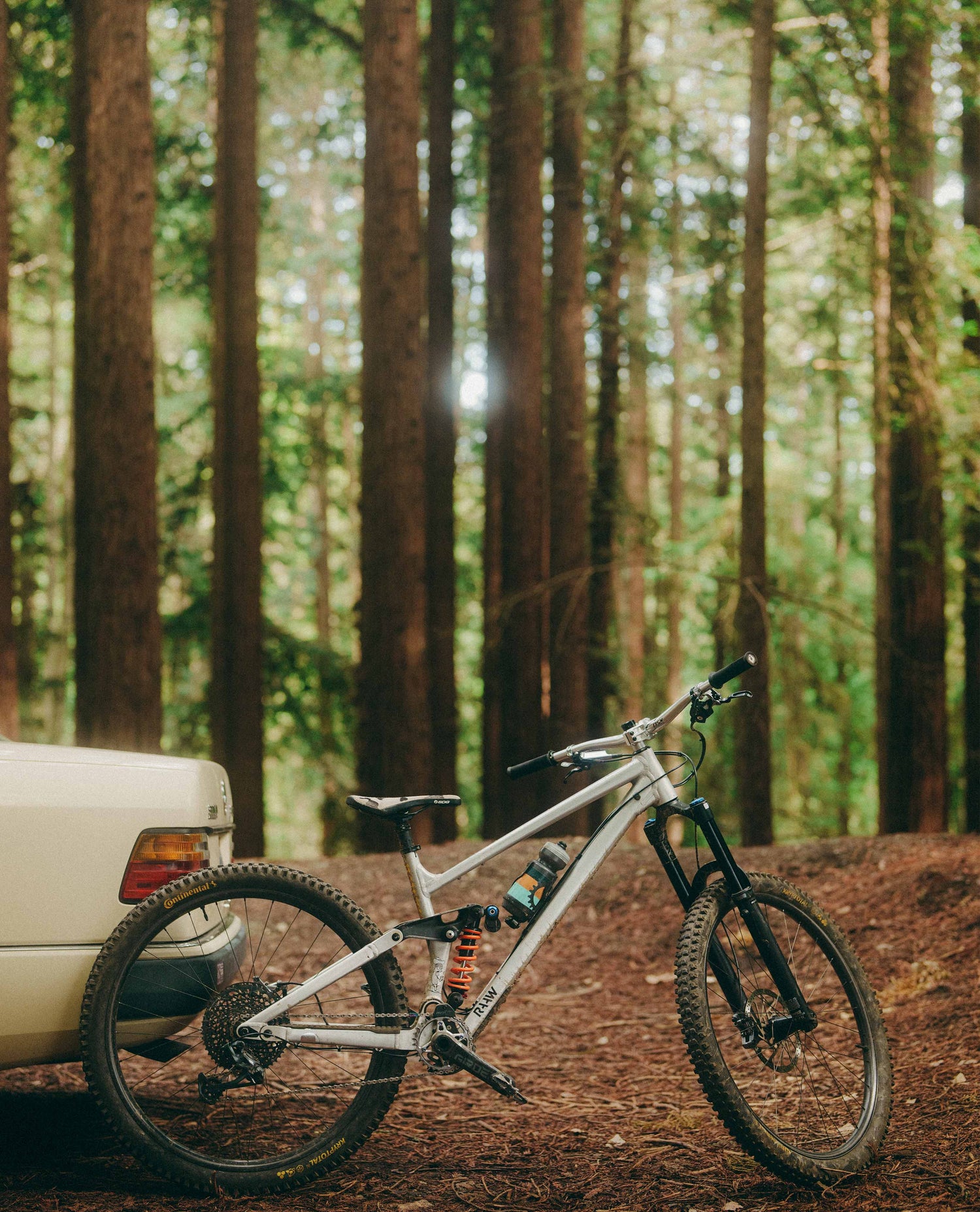 White bicycle leaning against a white truck in a forest setting