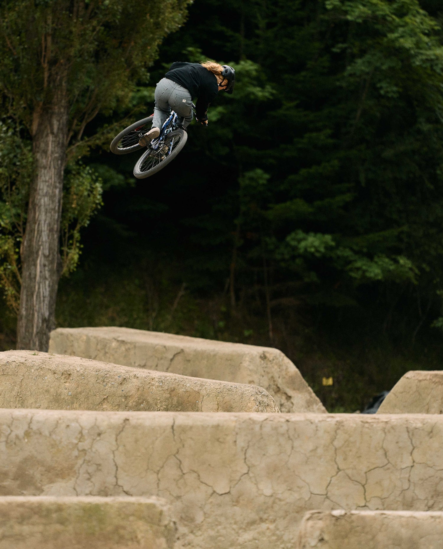 Person on a bicycle performing a trick in mid-air over concrete steps with greenery in the background