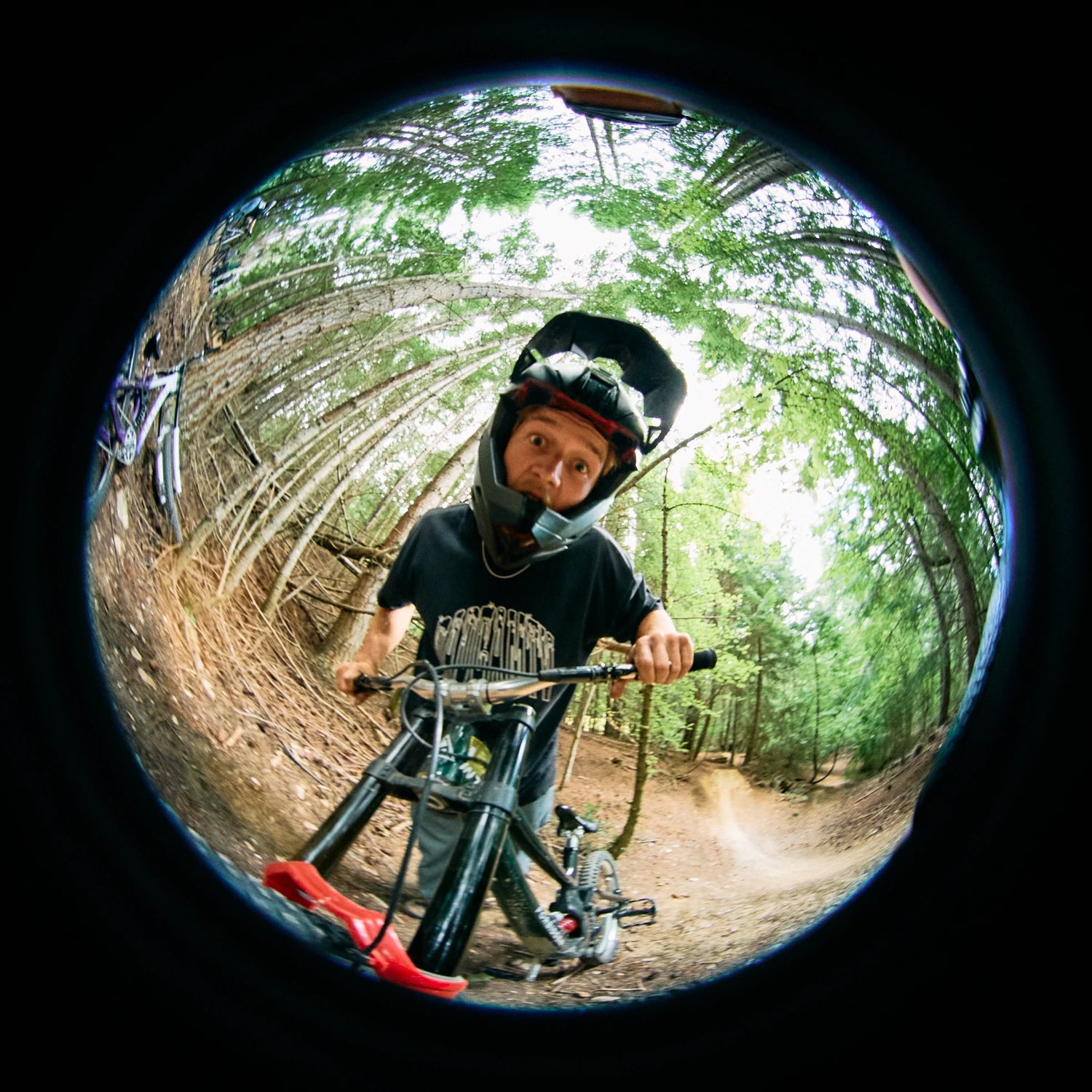 Person riding a bike through a forest with a fisheye lens effect.